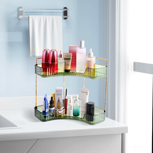 Multifunctional 2-Tier Corner Bathroom Organizer - Skincare Makeup Shelf, Corner Storage for Bathroom Vanity and Kitchen
