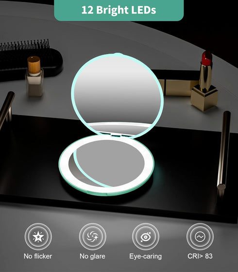 WOBSION LED Lighted Travel Makeup Mirror, 1x/10x Magnification, Compact and Portable, 3.5 inch Illuminated
