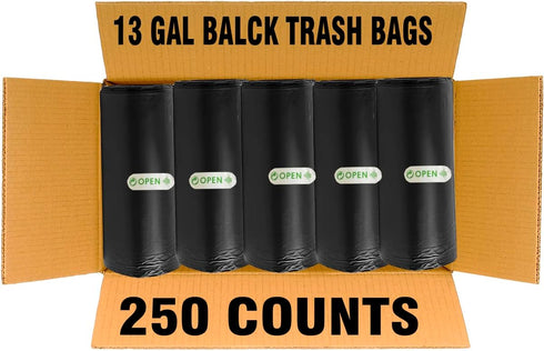 250 Count 13 Gallon Black Tall Kitchen Trash Bags, Multi-purpose Bin Liners for Bathroom, Office, Recycling