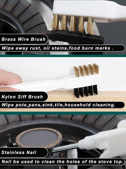 Kitchen Cleaning Scrub Brush - Deep Gas Stove Brass Wire Brushes with Stiff Bristles & Cooktop Scraper, Scrubber