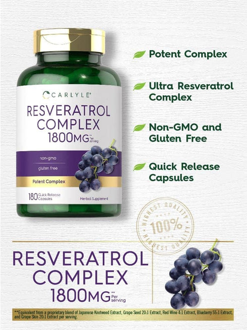 Carlyle Resveratrol Supplement 1800mg - 180 Capsules, Non-GMO & Gluten Free Potent Complex