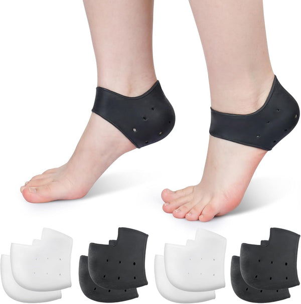 Silicone Heel Protectors for Cracked Heels, Heel Spurs, Plantar Fasciitis - Gel Heel Pads, 4 Pairs, Unisex, Black and