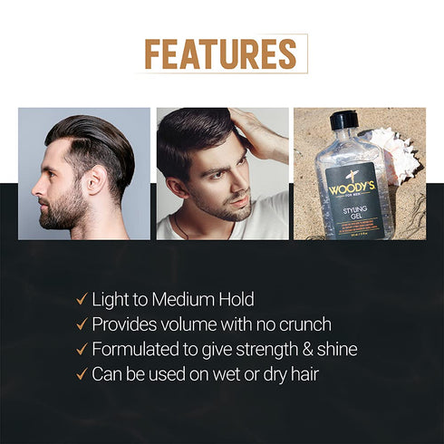 Woody's Styling Gel for Men, Light to Medium Touchable Hold, No Crunch, 12 Fl Oz