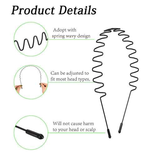 Metal Headbands for Women, Unisex Black Wavy Hair Bands, Simple Elastic Non-Slip Hair Accessories (3pcs)
