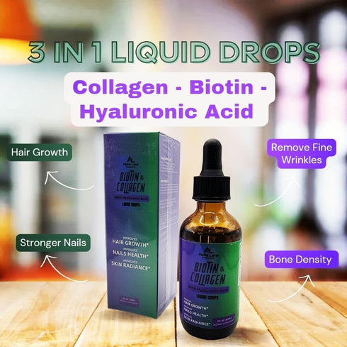 Liquid Collagen with Hyaluronic Acid & Biotin, Skin Hydration, Hair Growth, Nail Strength Supplement - Drop form