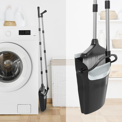 Broom with Dustpan Combo Set, 54” Long Handle Household Dust Pan for Home Office Kitchen Cleaning (Black & Grey)