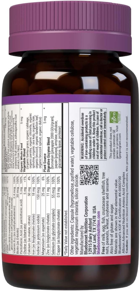 Bluebonnet Nutrition Ladies One Vegetable Capsule - Whole Food Multiple, K2, Non-GMO, 90 Capsules, 3 Month Supply