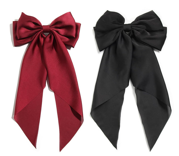 SUSULU Women's Satin Silk Bow Hair Accessories, Metal Clips with Long Tail Ribbon Hairpins (2pcs, Burgundy Black)