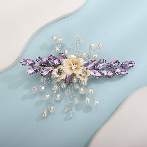 Xerling Light Purple Rhinestones Crystal Flower Hair Barrettes, Boho Bridal Hair Accessories