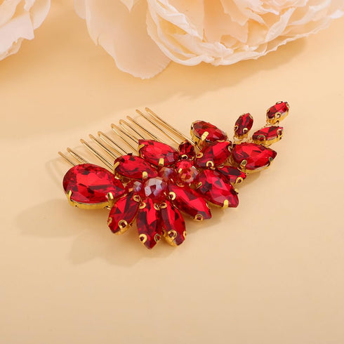 Red Crystal Rhinestone Wedding Hair Comb, Sparkly Bridal Hair Piece for Women and Girls