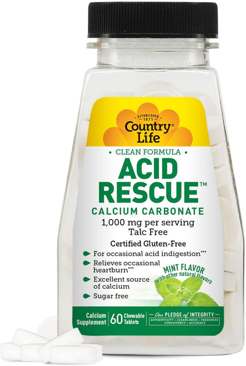 Country Life 60 Count Acid Rescue Chewable Tablets - Vegan Heartburn Relief