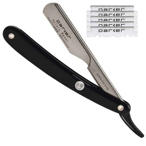 Parker PTB Professional Straight Razor with Replaceable Blades + 5 Parker Platinum Half Blades, All-Stainless-Steel