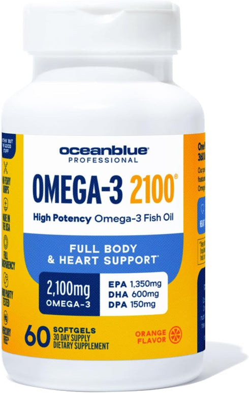 OceanBlue Professional Omega-3 2100, 60 Count, High-Potency Burpless Fish Oil Supplement, Orange Flavor