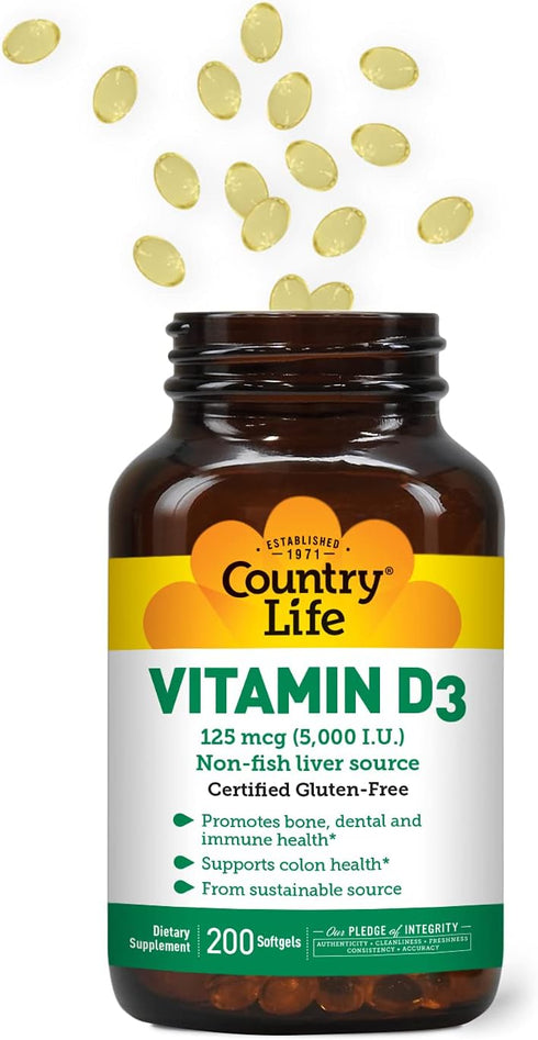 Country Life Vitamin D3 5000 IU for Immune and Bone Health, Sustainable Source from Lanolin, Various Strengths