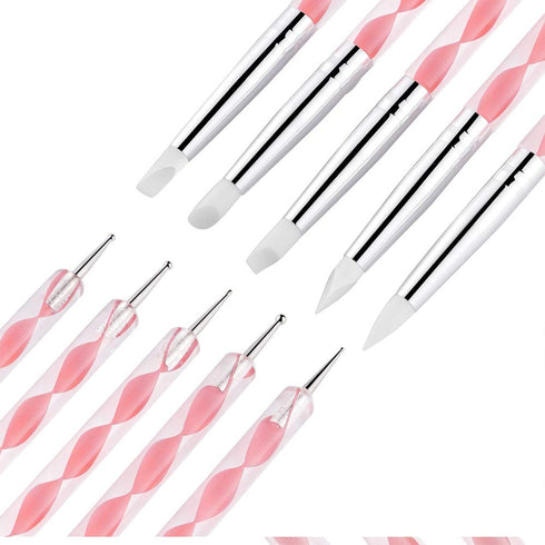 AUOCATTAIL Nail Art Design Tools 15pcs Painting Brushes Set with 5pcs 2-way Dotting Pens & Gold-rimmed Resin Palette