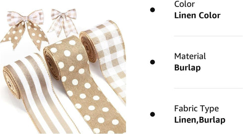 3 Rolls Burlap Wired Ribbons, 2.5 Inch x 15 Yards, Plaid Wrapping, Striped Gingham for DIY Crafts, Home Decoration