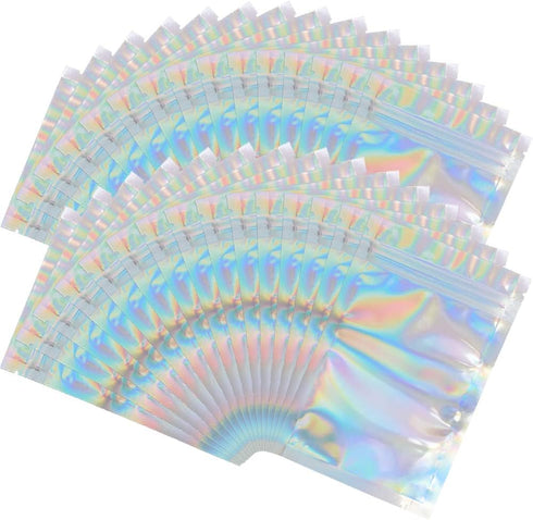 100 Pieces Mylar Holographic Resealable Bags - 3 x 4" Smell Proof Foil Pouch for Party Favor Food Storage (Holographic