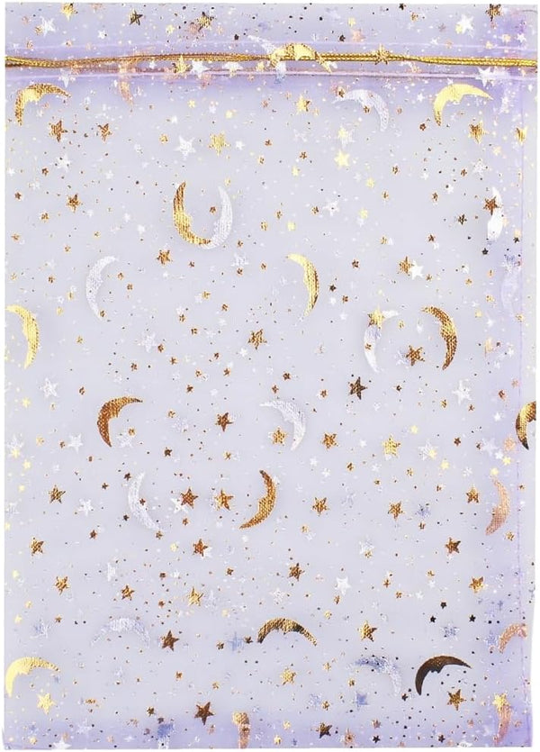 QIANHAILIZZ 100 Pack 7x9 Inch Moon Star Organza Jewelry Gift Pouch, Drawstring Wedding Favor Bags