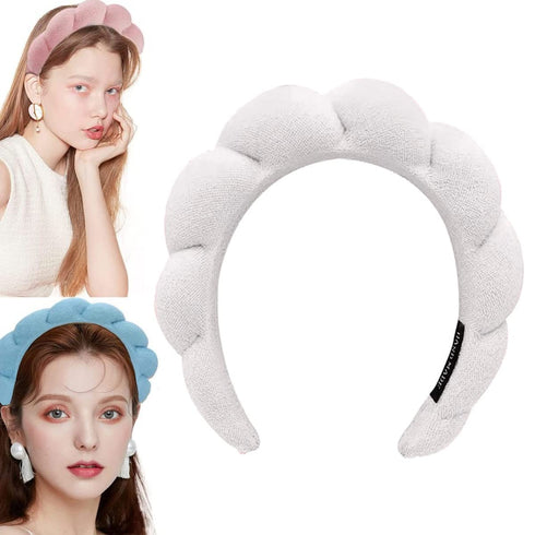 Headband for Washing Face, Spa Makeup Headband, Sponge for Makeup Removal, Shower & Skincare (White)