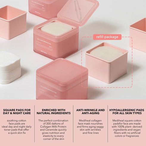 Mediheal Collagen Ampoule Pad Refill (100 Pads) - Vegan Eco Silk Cotton Facial Toner Pads for Skin Firming