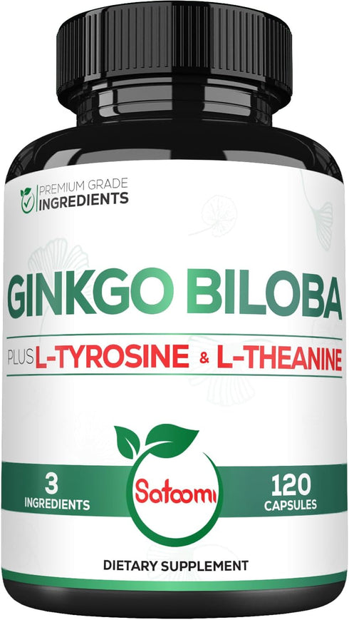 1000mg Ginkgo Biloba Supplements with L-Tyrosine & L-Theanine - 120 Capsules for 2-Month Supply, Support Focus & Memory