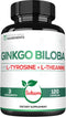 1000mg Ginkgo Biloba Supplements with L-Tyrosine & L-Theanine - 120 Capsules for 2-Month Supply, Support Focus & Memory