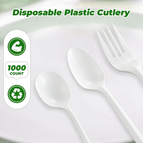 1000PCS Heavy Duty Disposable Plastic Spoons, White Bulk Cutlery Utensils for Home, Restaurant, Party, Picnic, Travel