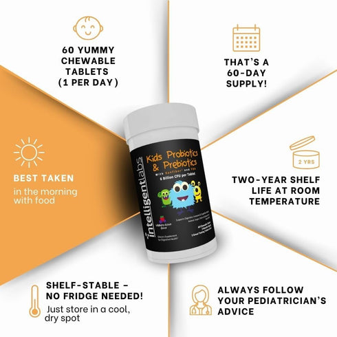 Intelligent Labs 6 Billion CFU Kids Probiotics with Prebiotics, Chewable Probiotic for 10x Effectiveness, 60-Day Supply