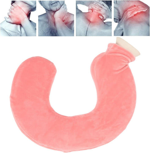 Jauarta U Shaped Hot Water Bottle Warm Neck Soft Rubber Hot Water Bag with Detachable Cloth Cover (Flesh Red)