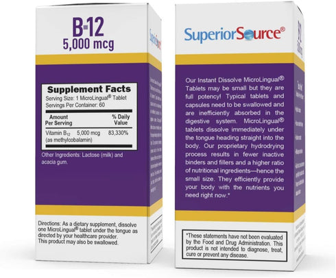 Superior Source No Shot Vitamin B12 Methylcobalamin 5000 mcg, Quick Dissolve MicroLingual Tablets, 60 Count, Active Form of B12, Supports Energy Production, Nervous System Support, Non-GMO