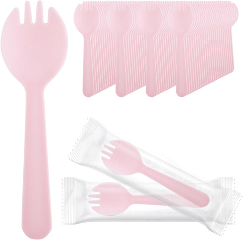 EUSOAR Disposable Sporks, 100 Pcs 4.5"x1.3" Heavy Duty Individually Wrapped Utensils for Party Bulk Pink