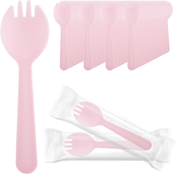 EUSOAR Disposable Sporks, 100 Pcs 4.5"x1.3" Heavy Duty Individually Wrapped Utensils for Party Bulk Pink