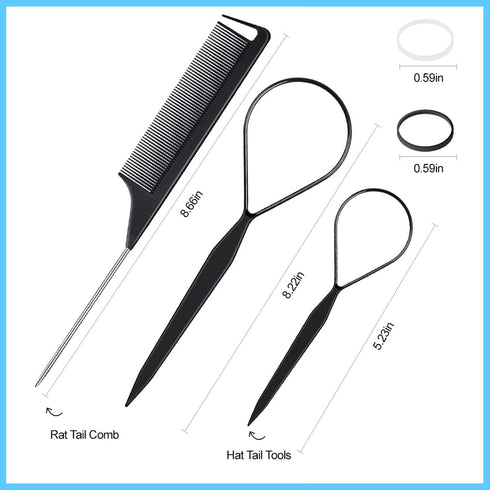 Topsy Tail Hair Tool Set, 400pcs Hair Rubber Bands, 200pcs Clear & Black Elastics, 2 Hair Loop Tools, 1 Rat Tail Comb