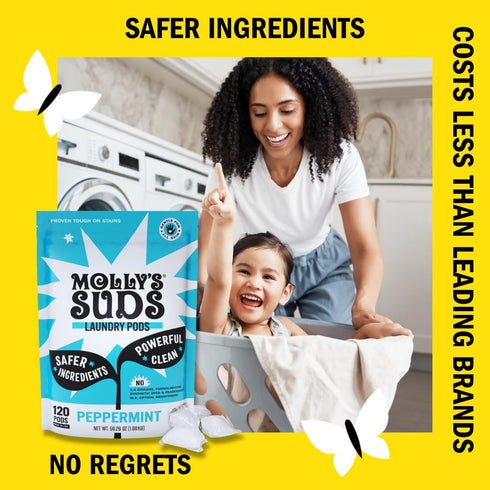 Molly's Suds Laundry Detergent Pods, Natural for Sensitive Skin, Ultra Concentrated, Peppermint, 120 Count