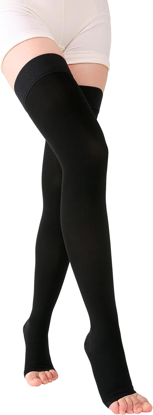 TOFLY 1 Pair Thigh High Open Toe Compression Stockings 15-20mmHg - Comfortable Unisex Design with Silicone Band
