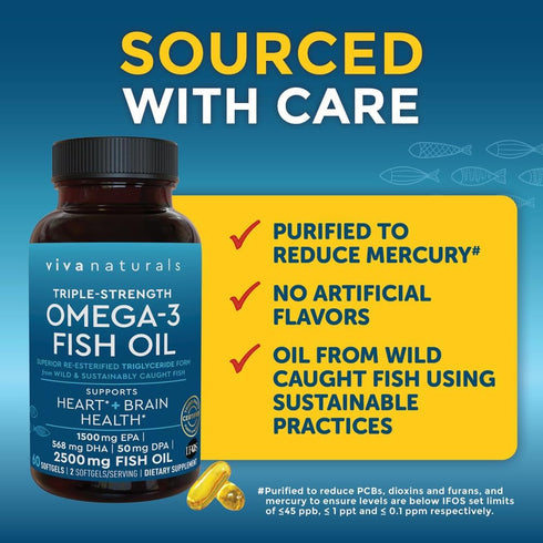 Viva Naturals Triple Strength Omega 3 Fish Oil Supplement - 2500 mg Fish Oil with Re-Esterified Omega 3 Fatty Acids