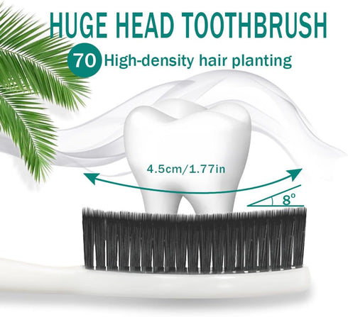Large Long Head Toothbrush, 4-Pack, Upgraded Hard Charcoal Bristles for Whitening and Plaque Removal