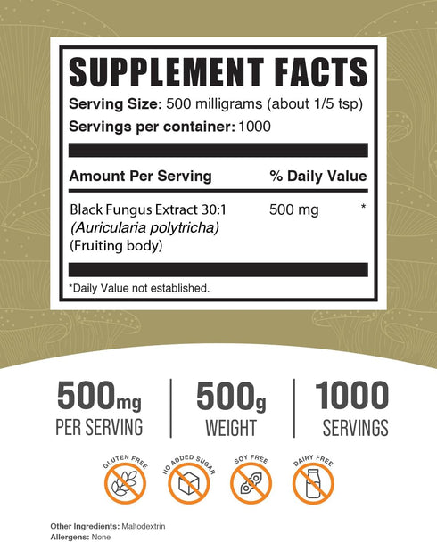 BulkSupplements.com Black Fungus Mushroom Extract Powder, 500mg per Serving, Gluten Free, 500g (1.1 lbs)
