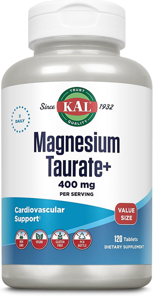 KAL Magnesium Taurate 400mg Plus Vitamin B6, Chelated Magnesium Supplement, High Absorption Complex, 60-Day Guarantee