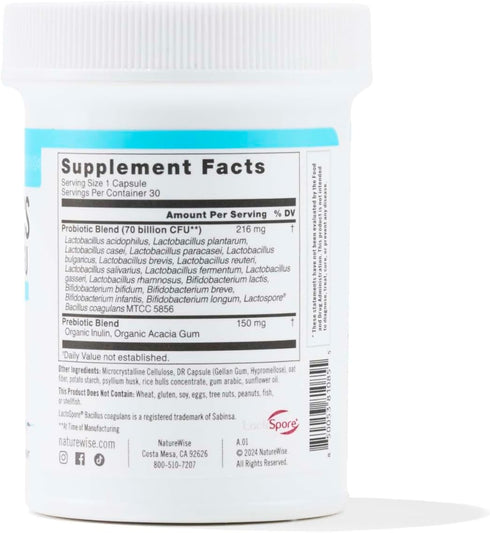 NatureWise Probiotics | 30 Capsules | 70 Billion CFU - 17 Strains + Organic Prebiotics - Immune, Digestive & Gut Health