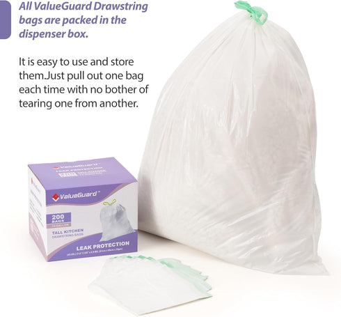 Trash Bags Garbage Bag 13 Gallon Drawstring Tall Waste Bag for Kitchen Office Party 0.8 Mil (200 Count) by ValueGuard
