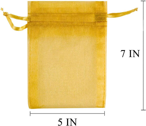 100 Count Gift Organza Bags Gold Drawstring 5x7 Inch for Baby Shower, Christmas, Birthday Party Favors