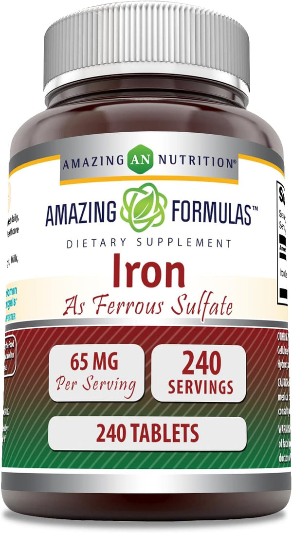 Amazing Formulas Iron as Ferrous Sulfate Supplement, 65 Mg, 240 Tablets, Non-GMO