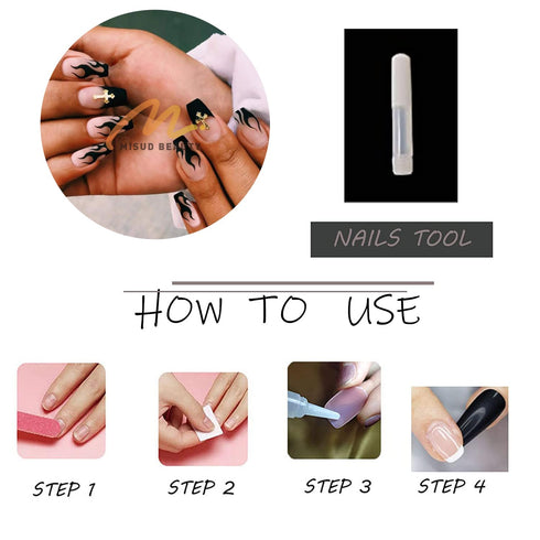 MISUD Medium Coffin Press on Nails, Goth Black Flame Fake Nails, Matte Glue on French Tip Acrylic Nails, 24 pcs