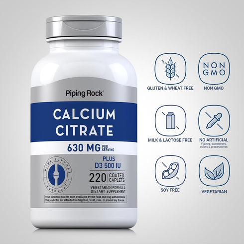 Calcium Citrate with Vitamin D3, 630 mg, 220 Caplets - Non-GMO, Gluten Free Supplement by Piping Rock