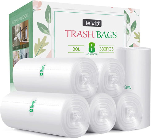 8 Gallon Strong Medium Trash Bags, 330 Counts, Clear Garbage Bags for Waste Basket, Bathroom, Home Office Kitchen