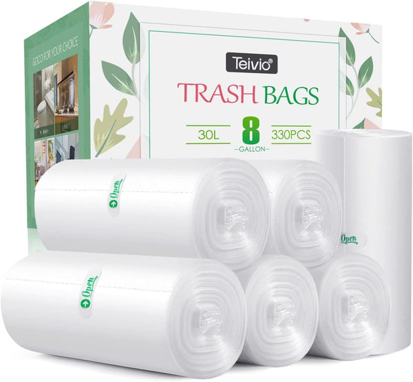 8 Gallon Strong Medium Trash Bags, 330 Counts, Clear Garbage Bags for Waste Basket, Bathroom, Home Office Kitchen