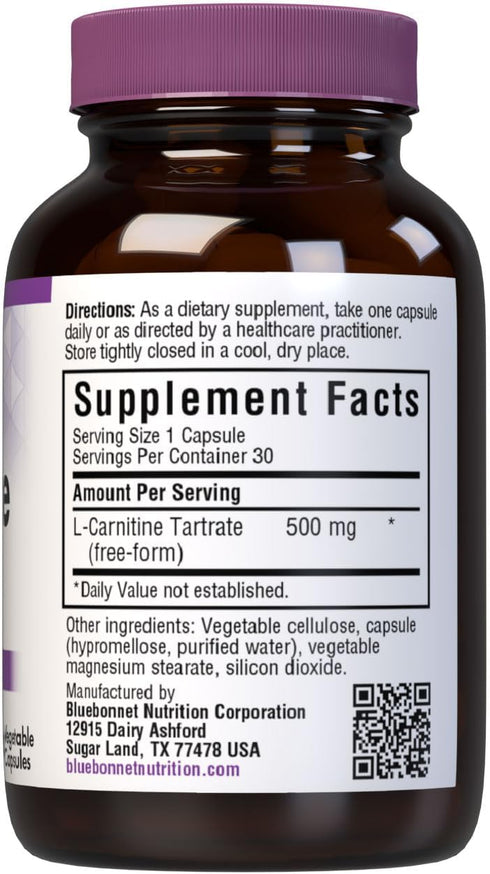 BlueBonnet 500 mg L-Carnitine Vitamin Capsules, White, 60 Count