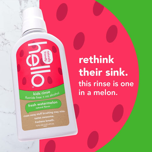 Hello Natural Watermelon Flavor Kids Mouthwash, Fluoride Free, Alcohol Free, Vegan, 16 Fl Oz (Pack of 3)
