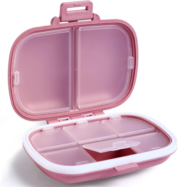 Holii Portable Travel Pill Organizer, 8 Compartments Daily Pill Box for Vitamins, Small Medicine Container (Pink)